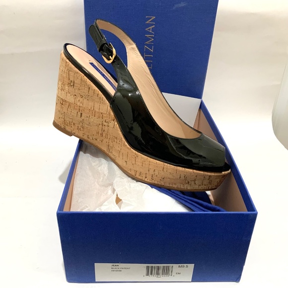 Stuart Weitzman Jean Black Leather Cork Wedge Platform Sandals  Summer Heels 9.5 - Picture 5 of 9